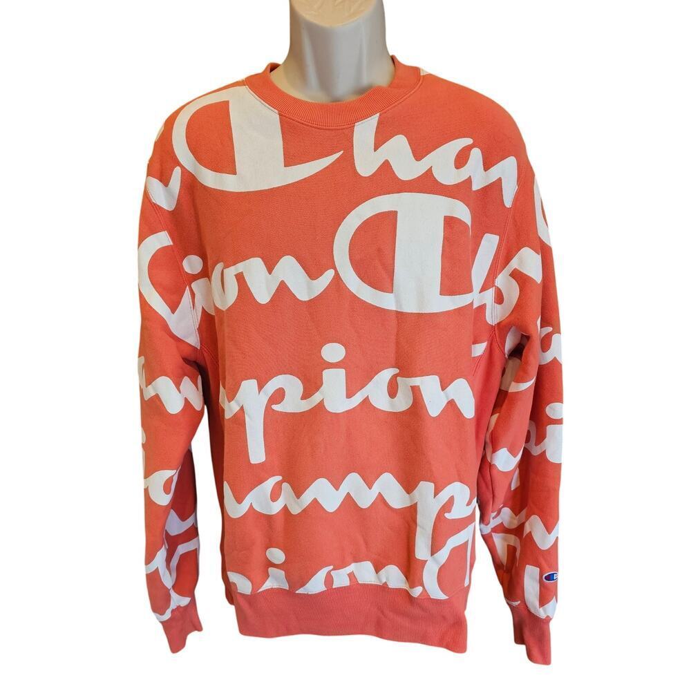 Champion Sweater Adult L Orange Reverse Weave All Over Spellout Sweatshirt EUC
